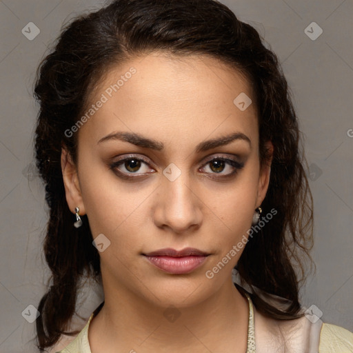 Neutral white young-adult female with medium  brown hair and brown eyes