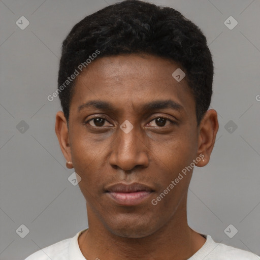 Neutral black young-adult male with short  black hair and brown eyes