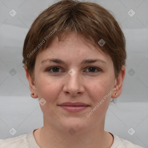 Joyful white young-adult female with short  brown hair and grey eyes