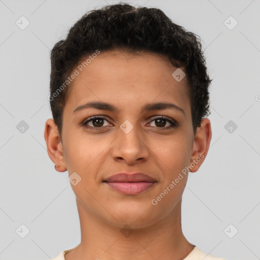 Joyful latino young-adult female with short  brown hair and brown eyes