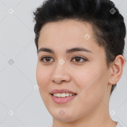 Joyful white young-adult female with short  brown hair and brown eyes