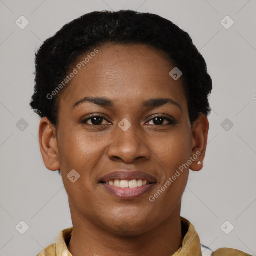 Joyful black young-adult female with short  brown hair and brown eyes