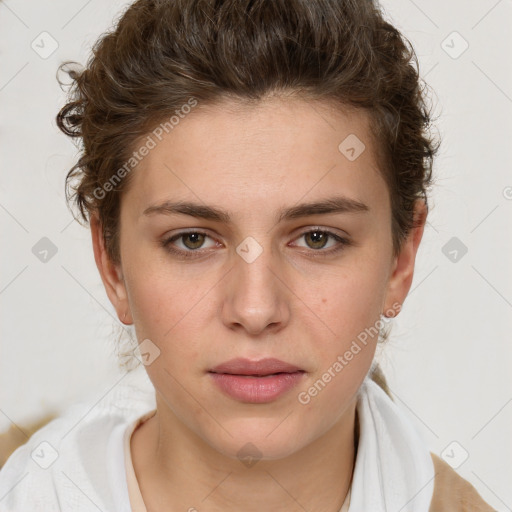 Neutral white young-adult female with short  brown hair and brown eyes