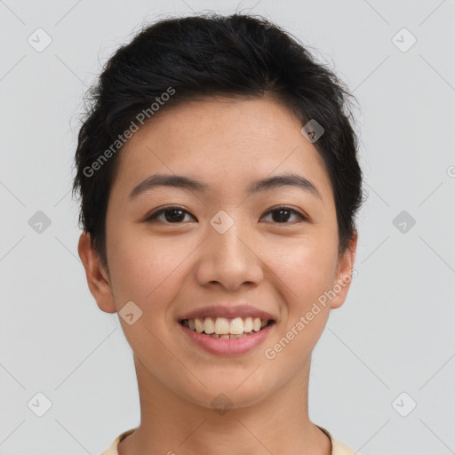 Joyful asian young-adult female with short  brown hair and brown eyes