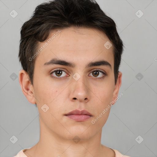 Neutral white young-adult male with short  brown hair and brown eyes