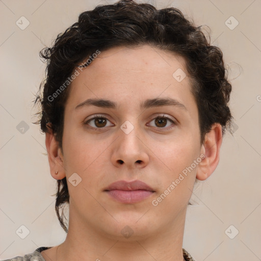 Neutral white young-adult female with short  brown hair and brown eyes