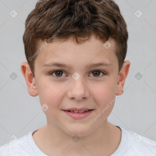 Joyful white child male with short  brown hair and brown eyes