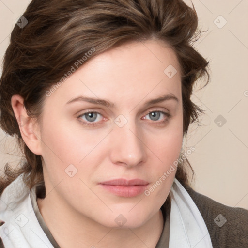 Neutral white young-adult female with medium  brown hair and blue eyes