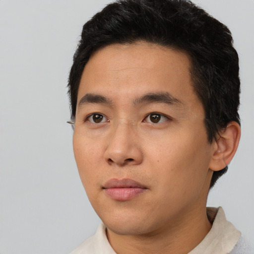 Neutral asian young-adult male with short  black hair and brown eyes
