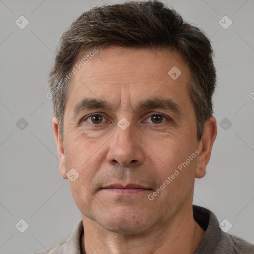 Neutral white adult male with short  brown hair and brown eyes