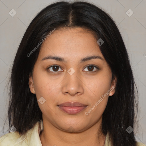 Joyful latino young-adult female with long  brown hair and brown eyes