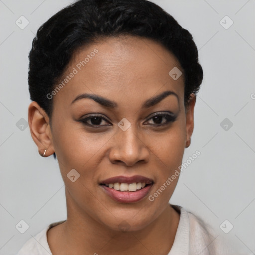 Joyful latino young-adult female with short  brown hair and brown eyes