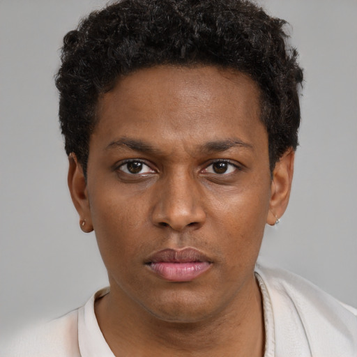 Neutral black young-adult male with short  brown hair and brown eyes