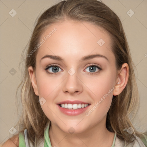 Joyful white young-adult female with medium  brown hair and blue eyes