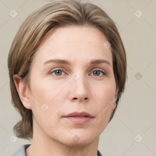 Neutral white young-adult female with medium  brown hair and grey eyes