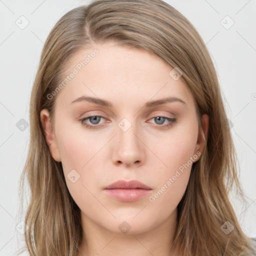 Neutral white young-adult female with long  brown hair and grey eyes