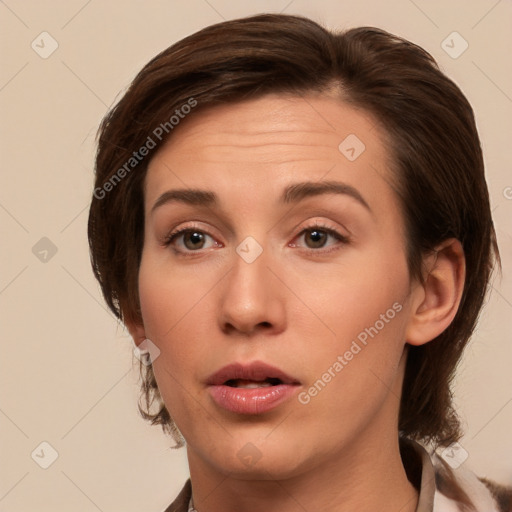 Neutral white young-adult female with medium  brown hair and brown eyes