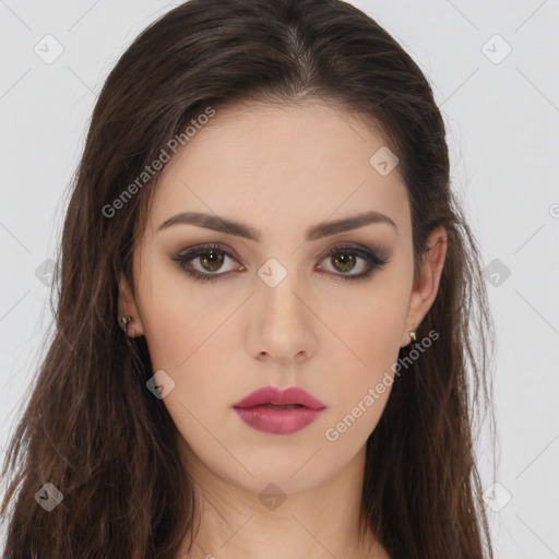 Neutral white young-adult female with long  brown hair and brown eyes