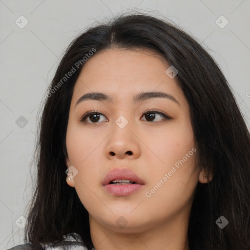 Neutral asian young-adult female with long  brown hair and brown eyes