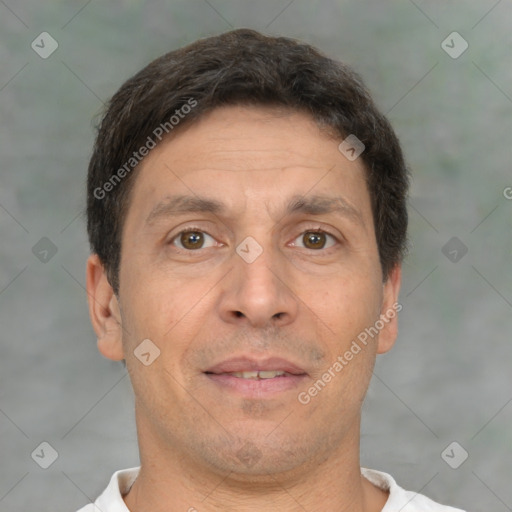 Neutral white adult male with short  brown hair and brown eyes