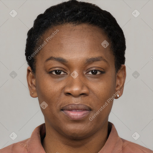 Joyful black adult female with short  black hair and brown eyes