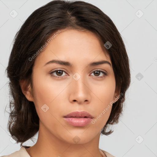 Neutral white young-adult female with medium  brown hair and brown eyes