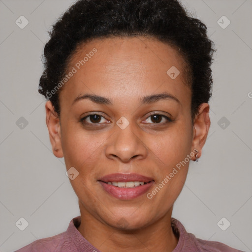 Joyful black young-adult female with short  brown hair and brown eyes