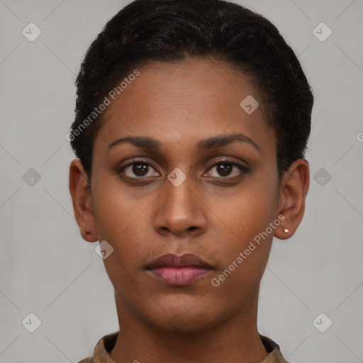 Neutral latino young-adult female with short  black hair and brown eyes