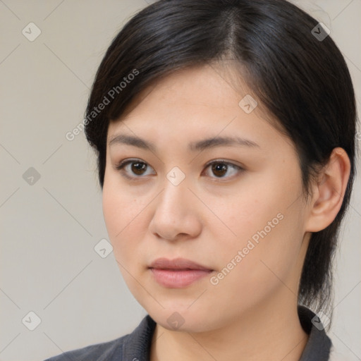 Neutral white young-adult female with medium  brown hair and brown eyes