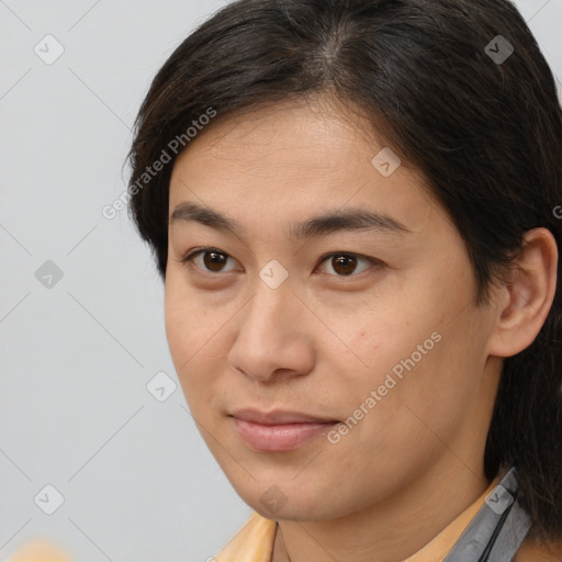 Joyful white young-adult male with medium  brown hair and brown eyes