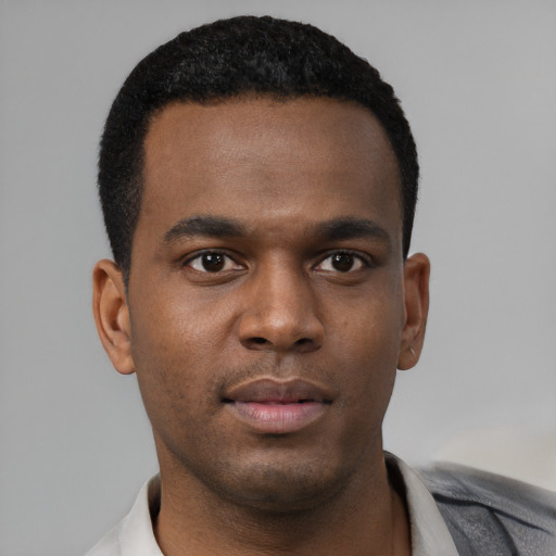 Neutral black young-adult male with short  black hair and brown eyes