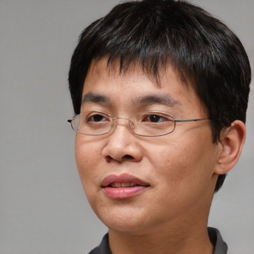 Joyful asian adult male with short  brown hair and brown eyes