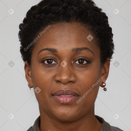 Neutral black young-adult female with short  brown hair and brown eyes