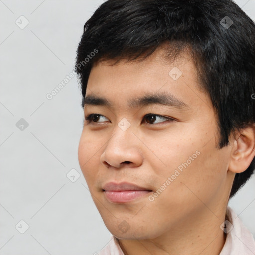 Neutral asian young-adult male with short  black hair and brown eyes