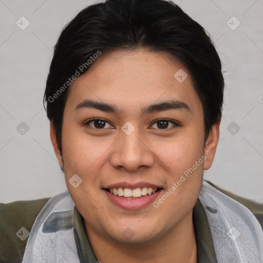 Joyful asian young-adult female with short  brown hair and brown eyes