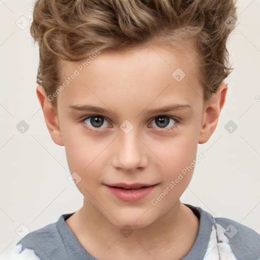 Joyful white child female with short  brown hair and brown eyes