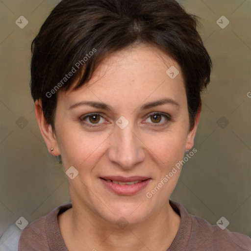 Joyful white adult female with short  brown hair and brown eyes