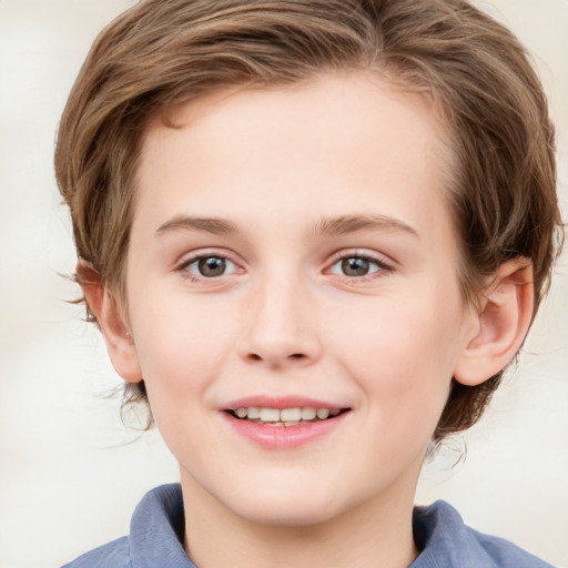 Joyful white child female with medium  brown hair and blue eyes