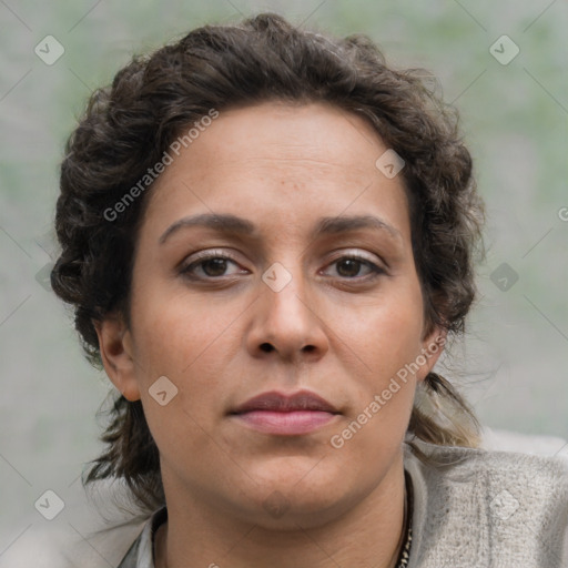 Neutral white young-adult female with medium  brown hair and brown eyes