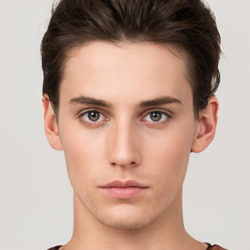 Neutral white young-adult male with short  brown hair and brown eyes