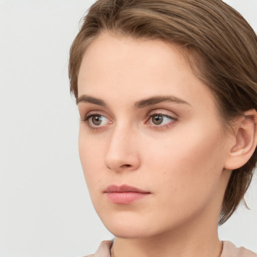 Neutral white young-adult female with long  brown hair and grey eyes