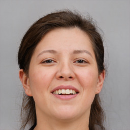 Joyful white adult female with medium  brown hair and grey eyes