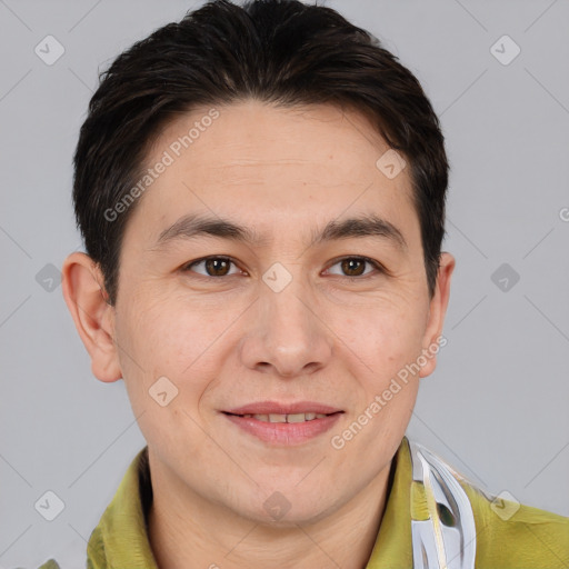 Joyful white adult male with short  brown hair and brown eyes