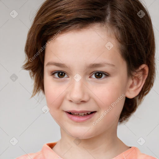 Joyful white child female with medium  brown hair and brown eyes