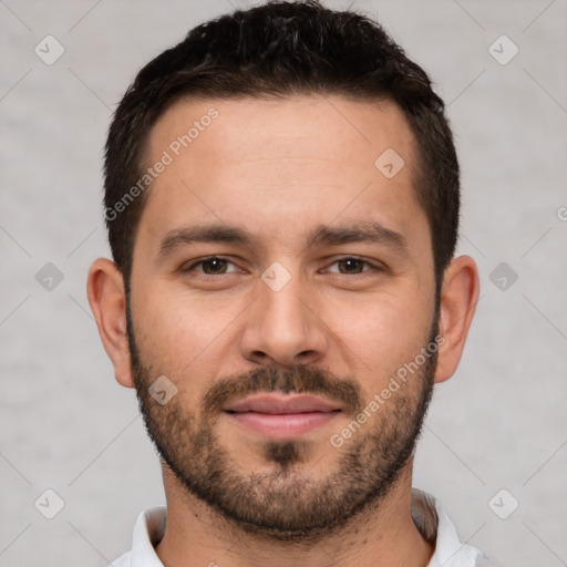 Joyful white young-adult male with short  brown hair and brown eyes