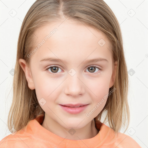 Joyful white child female with medium  brown hair and brown eyes