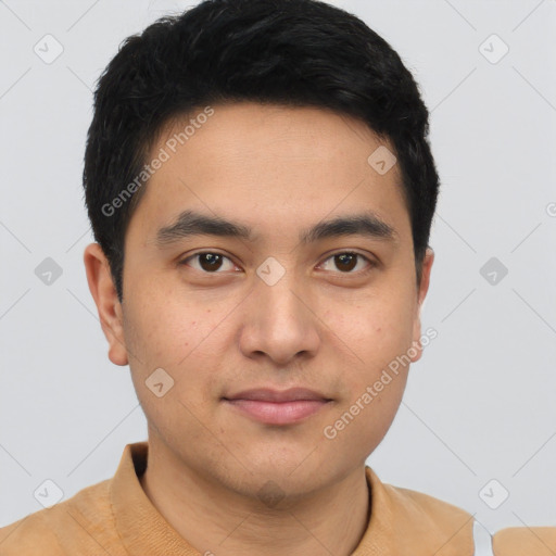 Joyful latino young-adult male with short  black hair and brown eyes