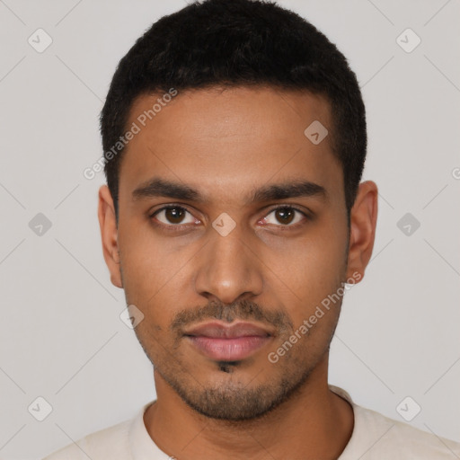 Neutral latino young-adult male with short  black hair and brown eyes