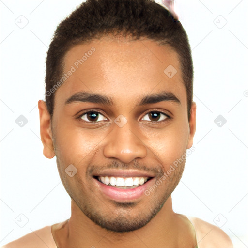 Joyful black young-adult male with short  brown hair and brown eyes