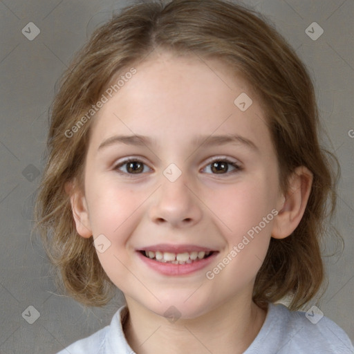 Joyful white child female with medium  brown hair and brown eyes